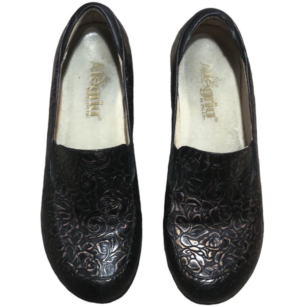 ALEGRIA | Women Emma Bronze Bouquet Floral Embossed Nubuck Leather Clogs size 38 - Picture 2 of 12